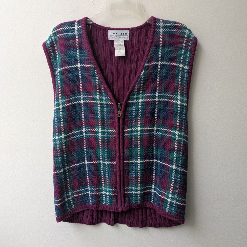 Vtg 90s Sweater Vest Purple Plaid Zip Front Knit Sz L Dark Academia Cottagecore